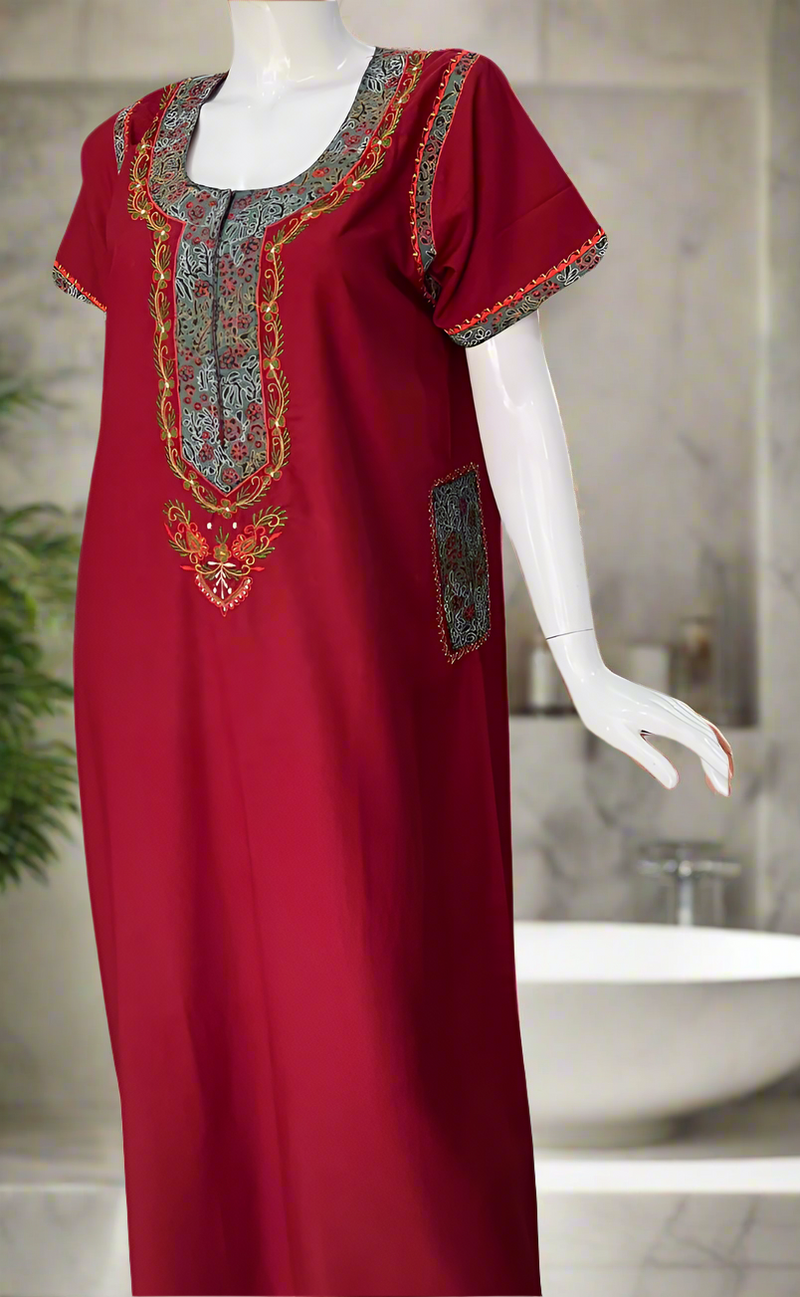 Maroon Embroidery Soft Cotton Nighty. Soft Breathable Fabric | Laces and Frills