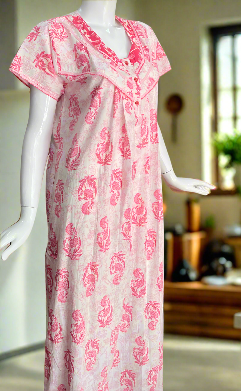 Pink Floral Pure Cotton Nighty. Pure Durable Cotton | Laces and Frills
