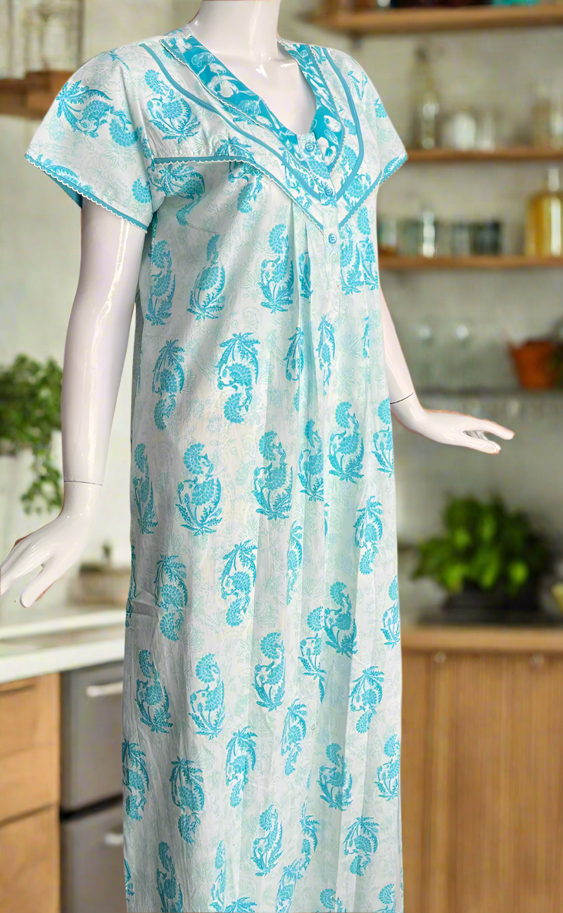 Sky Blue Floral Pure Cotton Nighty. Pure Durable Cotton | Laces and Frills