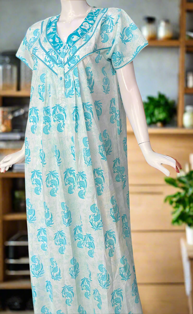 Sky Blue Floral Pure Cotton Nighty. Pure Durable Cotton | Laces and Frills