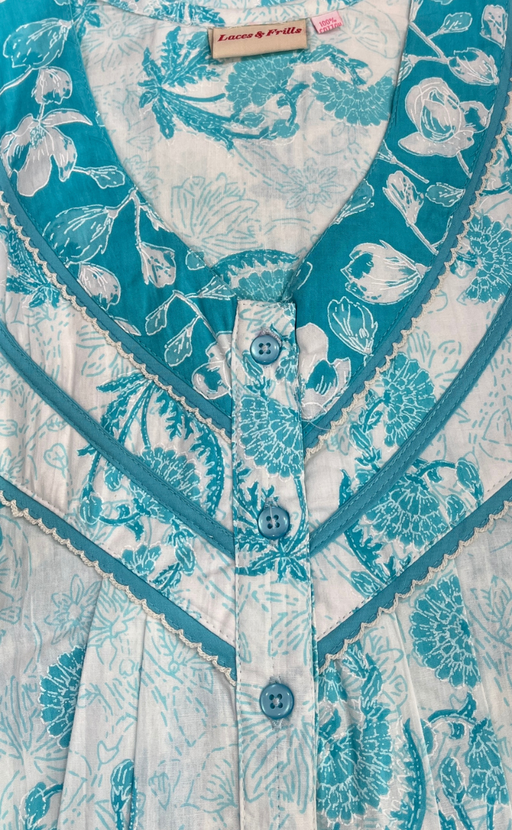 Sky Blue Floral Pure Cotton Nighty. Pure Durable Cotton | Laces and Frills