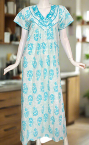 Sky Blue Floral Pure Cotton Nighty. Pure Durable Cotton | Laces and Frills