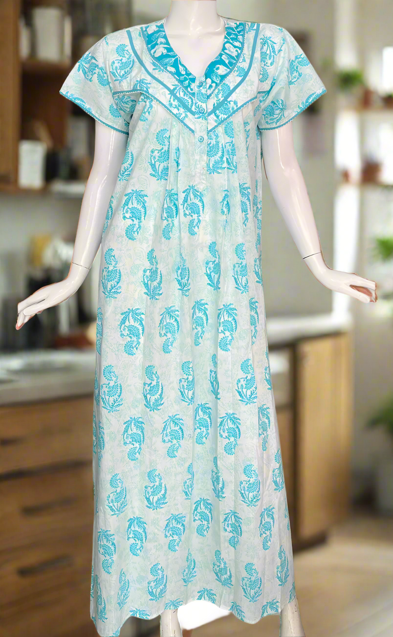 Sky Blue Floral Pure Cotton Nighty. Pure Durable Cotton | Laces and Frills