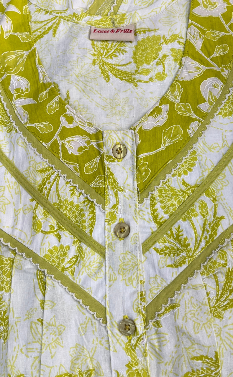 Lime Green Floral Pure Cotton Nighty. Pure Durable Cotton | Laces and Frills