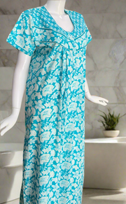 Sky Blue Floral Pure Cotton Nighty. Pure Durable Cotton | Laces and Frills