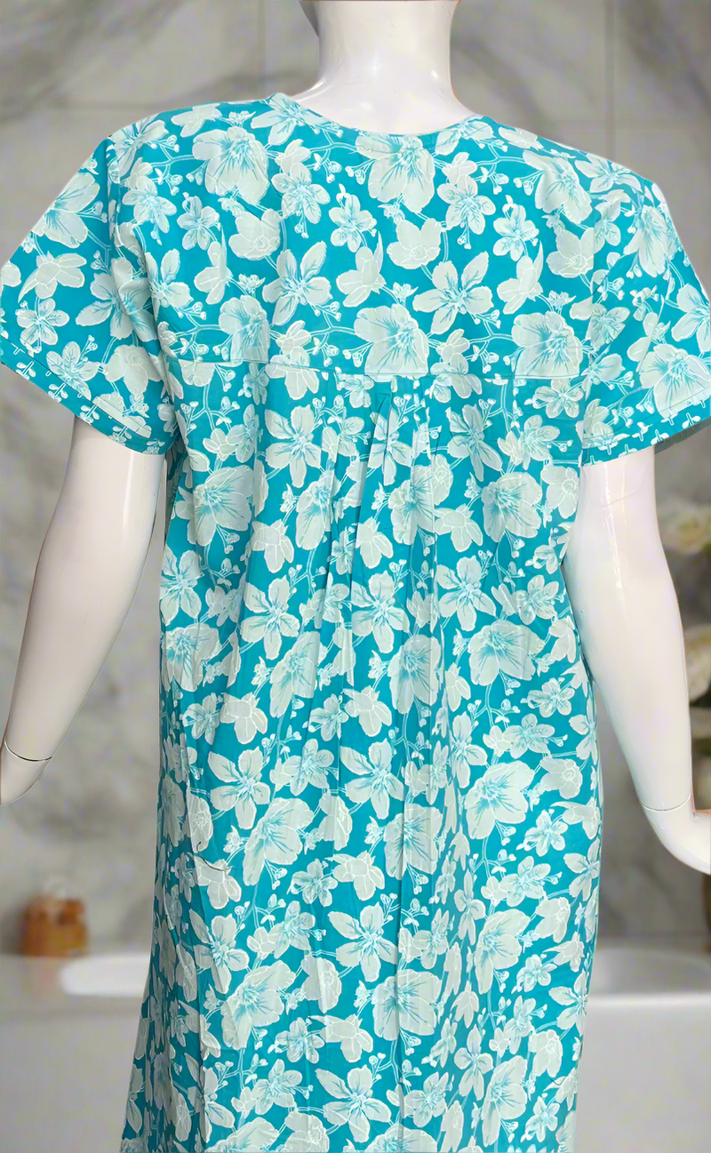 Sky Blue Floral Pure Cotton Nighty. Pure Durable Cotton | Laces and Frills