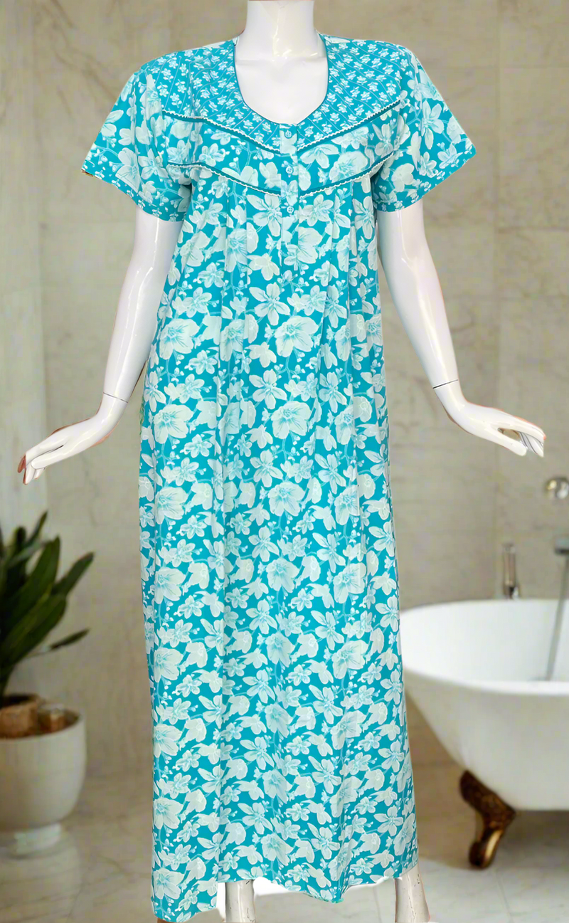Sky Blue Floral Pure Cotton Nighty. Pure Durable Cotton | Laces and Frills