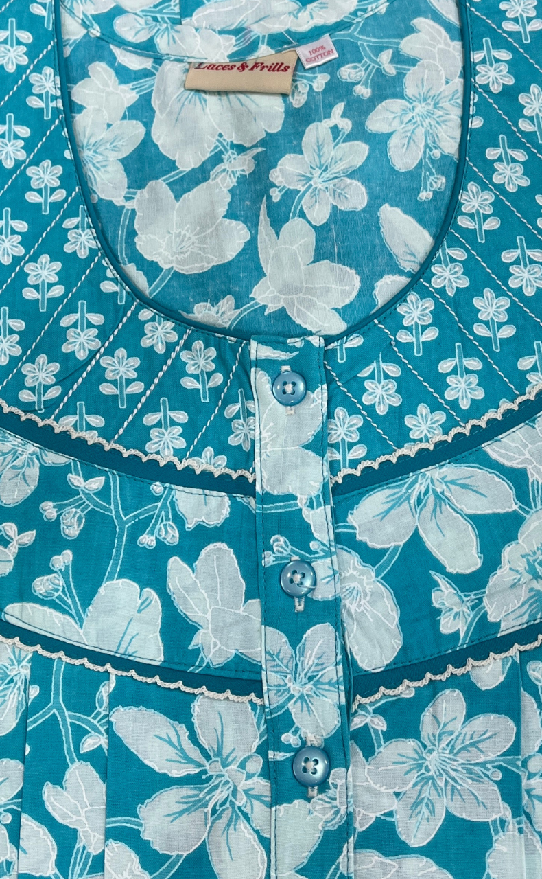 Sky Blue Floral Pure Cotton Nighty. Pure Durable Cotton | Laces and Frills