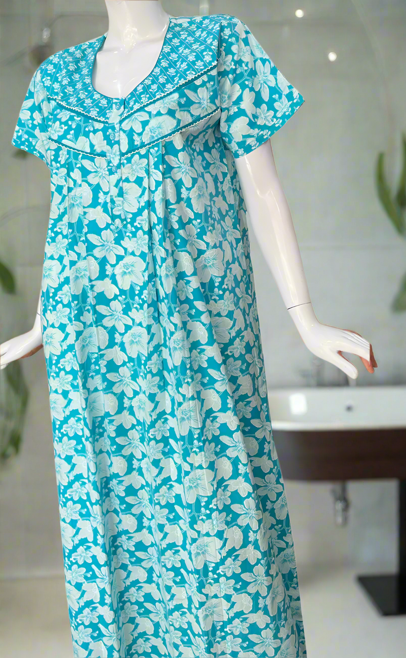 Sky Blue Floral Pure Cotton Nighty. Pure Durable Cotton | Laces and Frills