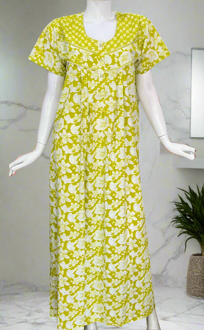 Lime Green Floral Pure Cotton Nighty. Pure Durable Cotton | Laces and Frills
