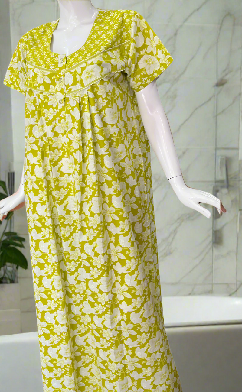Lime Green Floral Pure Cotton Nighty. Pure Durable Cotton | Laces and Frills