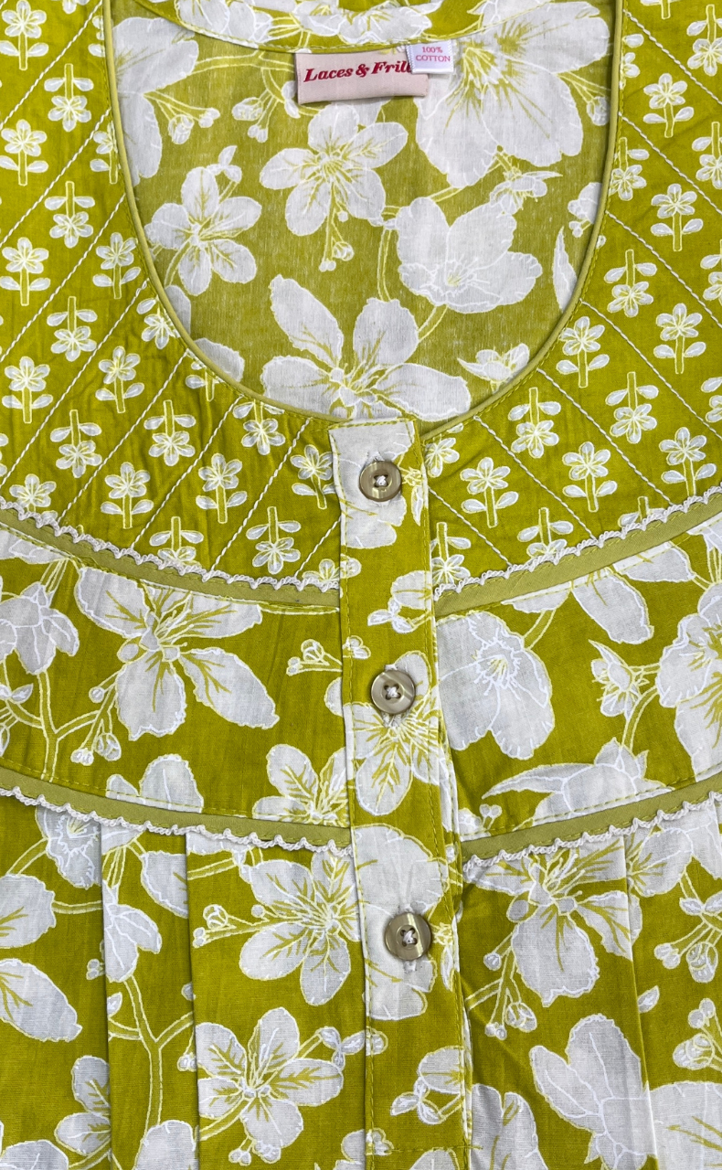 Lime Green Floral Pure Cotton Nighty. Pure Durable Cotton | Laces and Frills