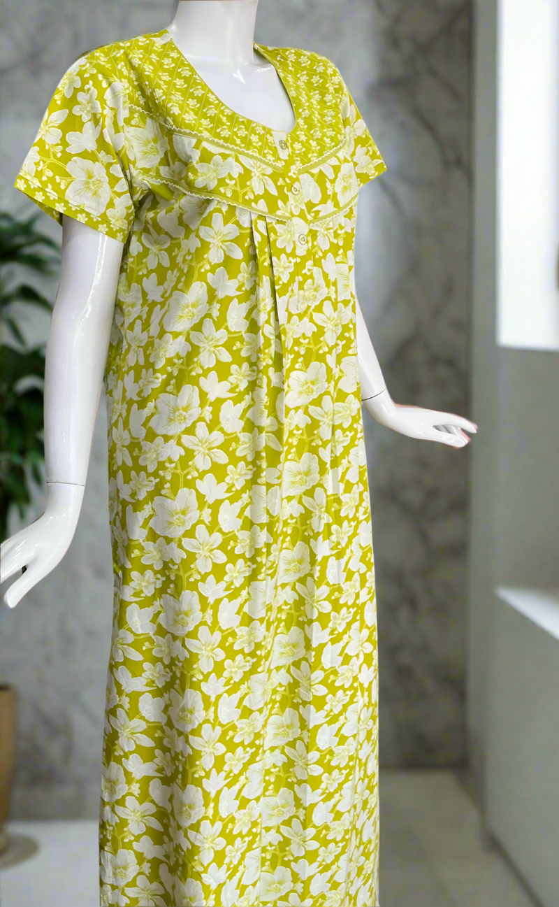 Lime Green Floral Pure Cotton Nighty. Pure Durable Cotton | Laces and Frills