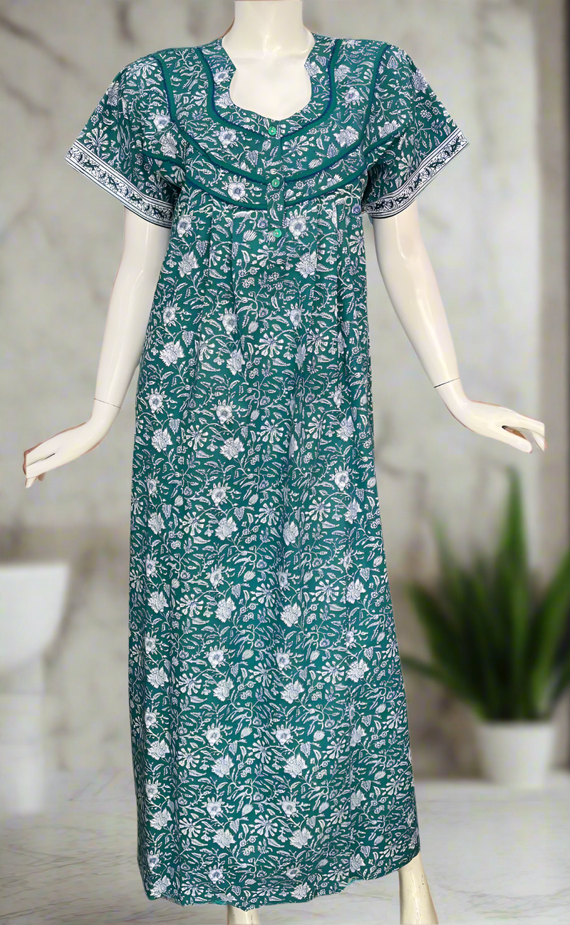 Sea Green Garden Pure Cotton Nighty. Pure Durable Cotton | Laces and Frills