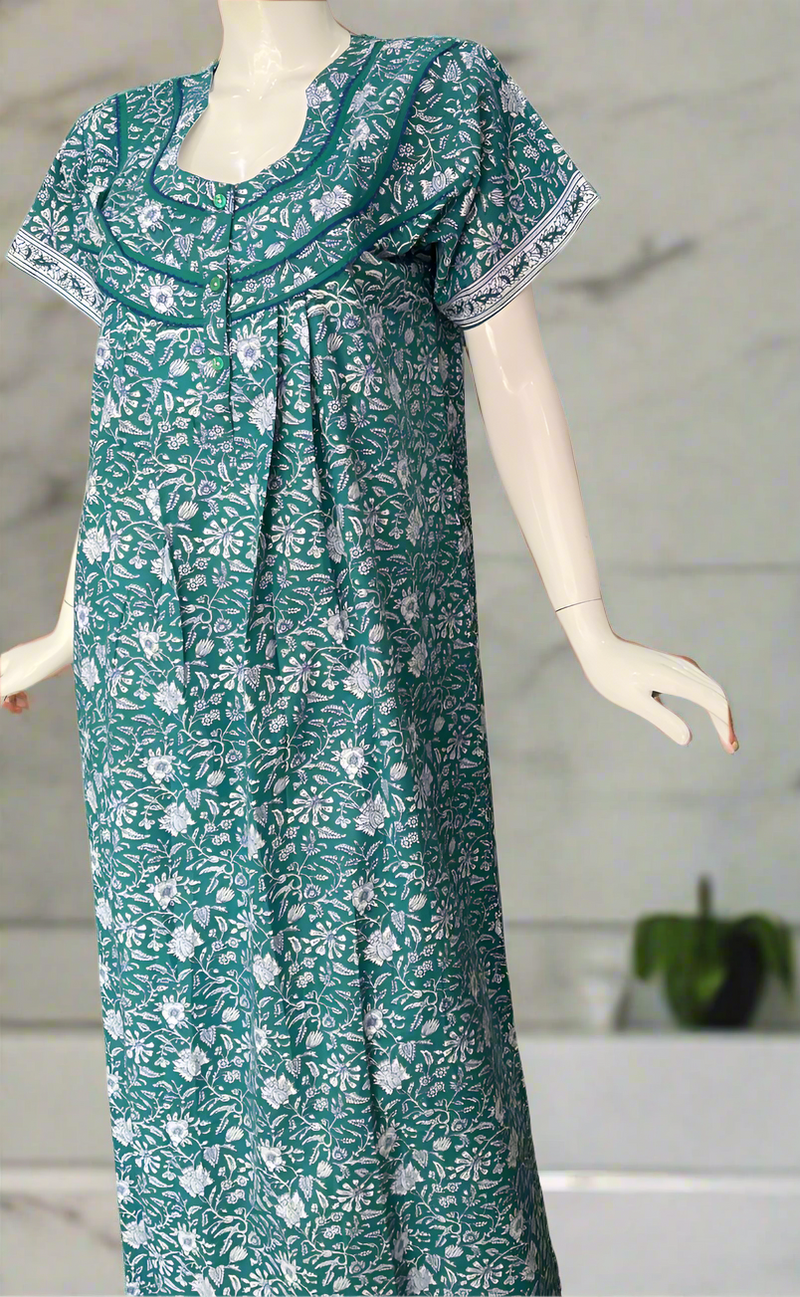 Sea Green Garden Pure Cotton Nighty. Pure Durable Cotton | Laces and Frills