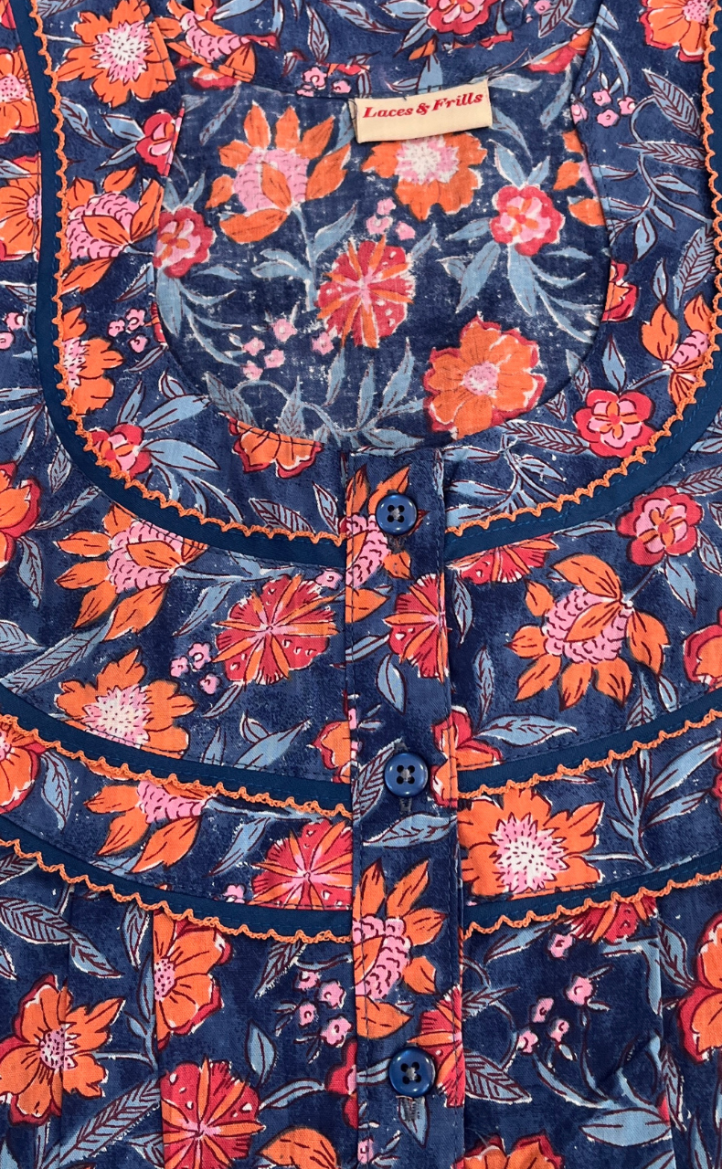 Blue Floral Pure Cotton Nighty. Pure Durable Cotton | Laces and Frills