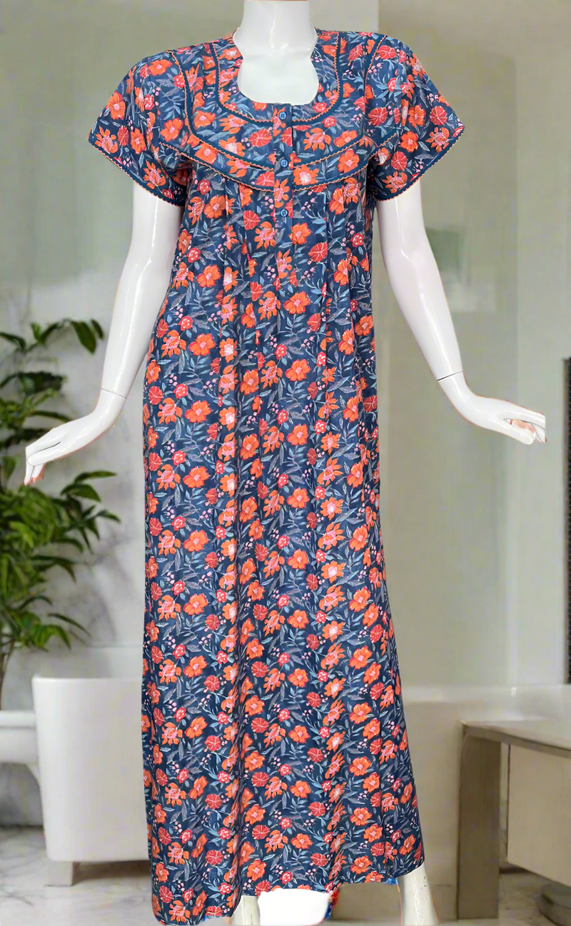 Blue Floral Pure Cotton Nighty. Pure Durable Cotton | Laces and Frills