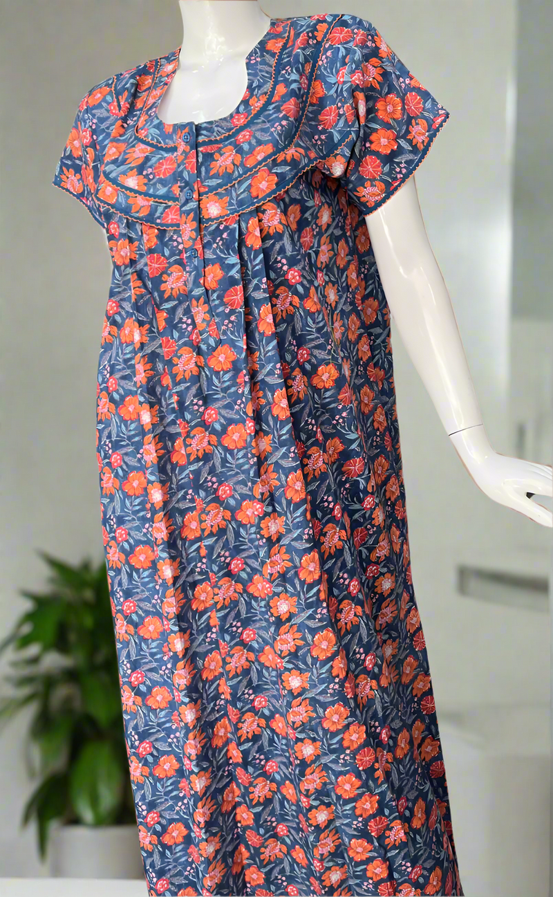 Blue Floral Pure Cotton Nighty. Pure Durable Cotton | Laces and Frills