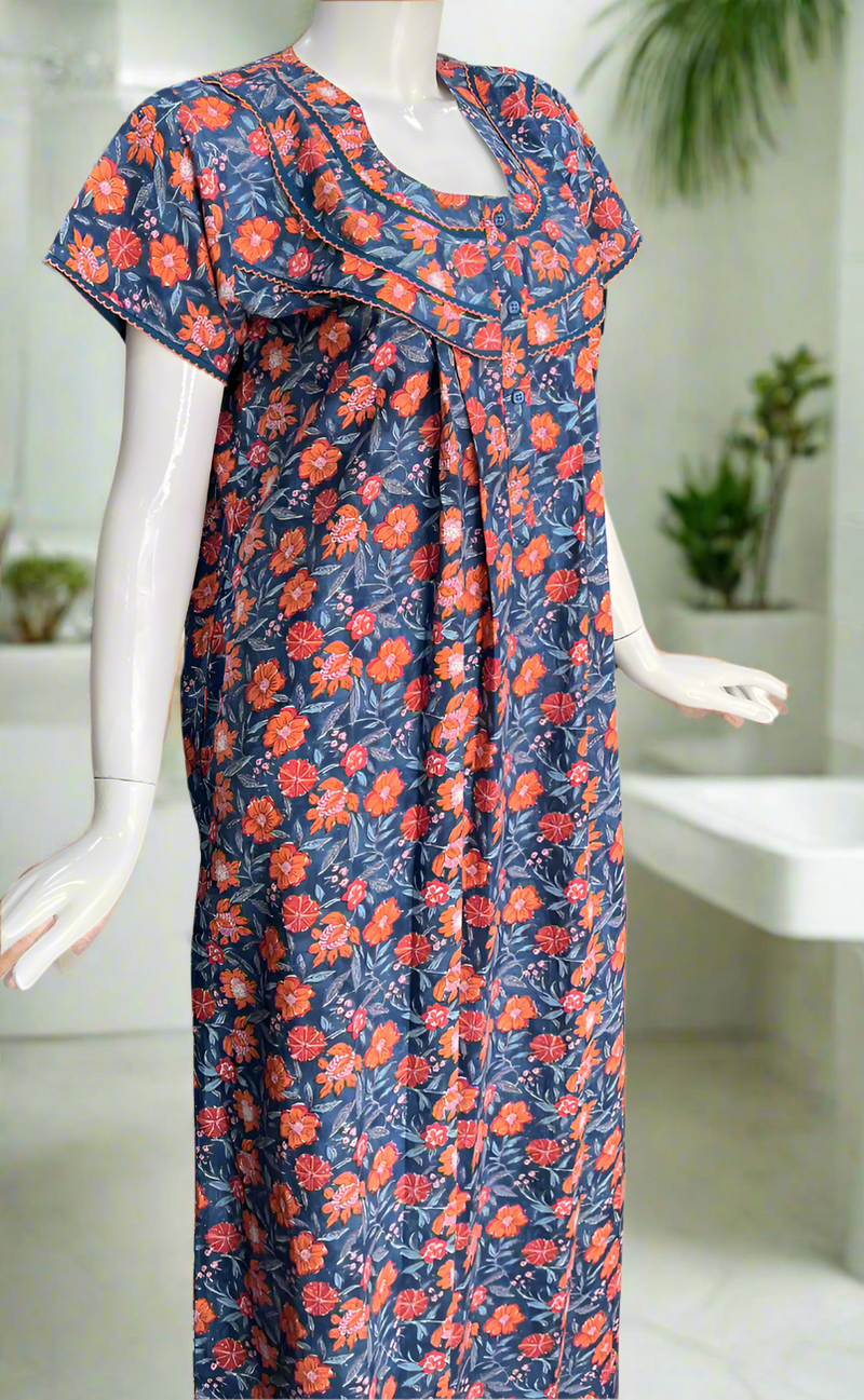 Blue Floral Pure Cotton Nighty. Pure Durable Cotton | Laces and Frills