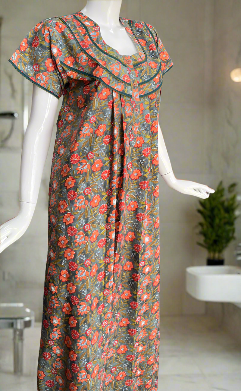 Grey Floral Pure Cotton Nighty. Pure Durable Cotton | Laces and Frills