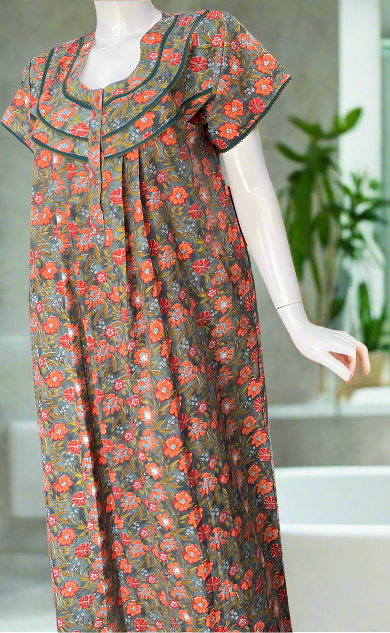 Grey Floral Pure Cotton Nighty. Pure Durable Cotton | Laces and Frills