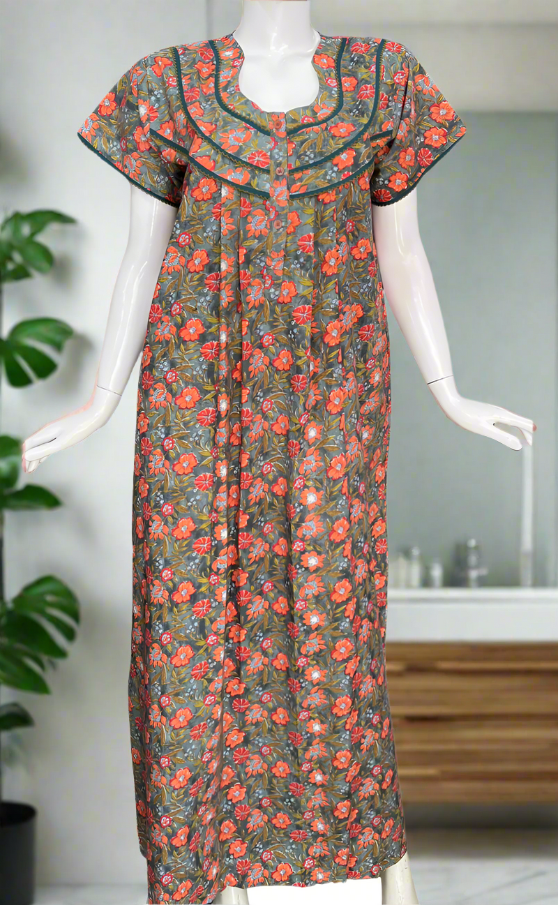 Grey Floral Pure Cotton Nighty. Pure Durable Cotton | Laces and Frills