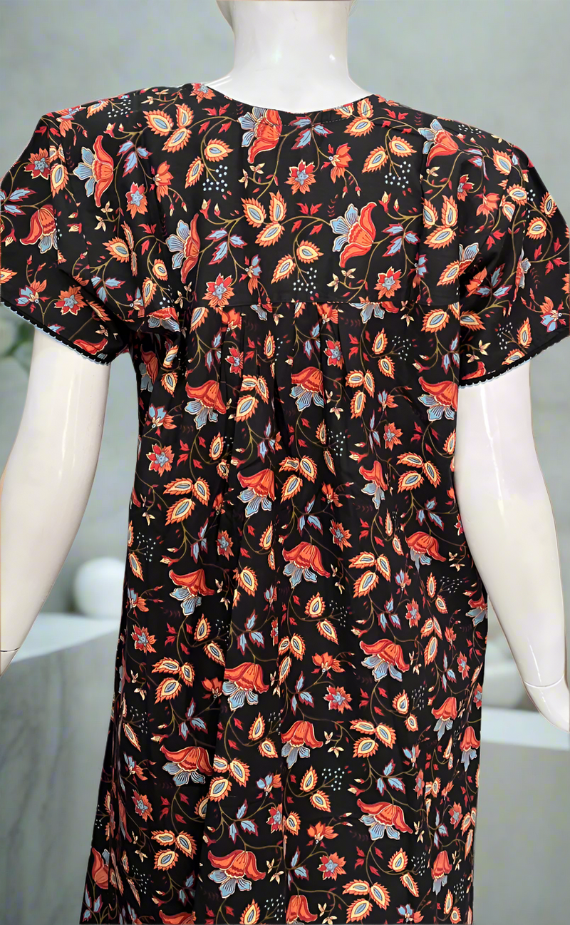 Black Floral Pure Cotton Nighty. Pure Durable Cotton | Laces and Frills