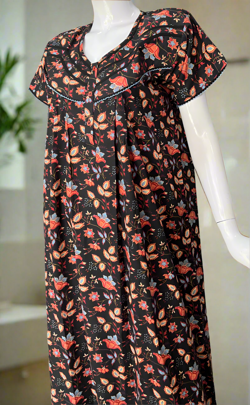 Black Floral Pure Cotton Nighty. Pure Durable Cotton | Laces and Frills