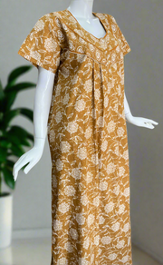 Mustard Floral Pure Cotton Nighty. Pure Durable Cotton | Laces and Frills