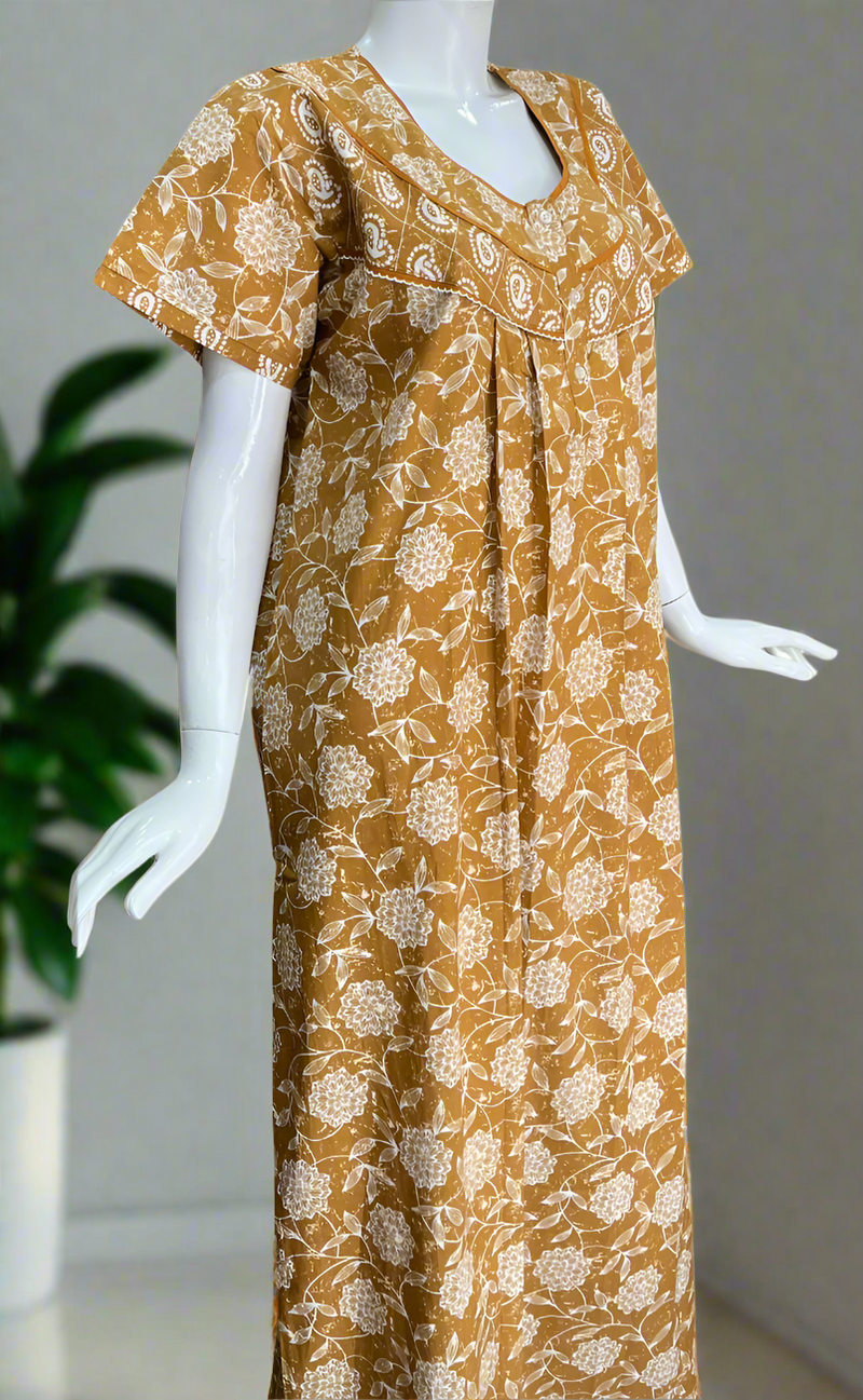 Mustard Floral Pure Cotton Nighty. Pure Durable Cotton | Laces and Frills