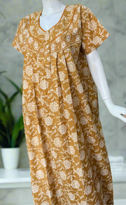 Mustard Floral Pure Cotton Nighty. Pure Durable Cotton | Laces and Frills