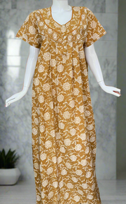 Mustard Floral Pure Cotton Nighty. Pure Durable Cotton | Laces and Frills