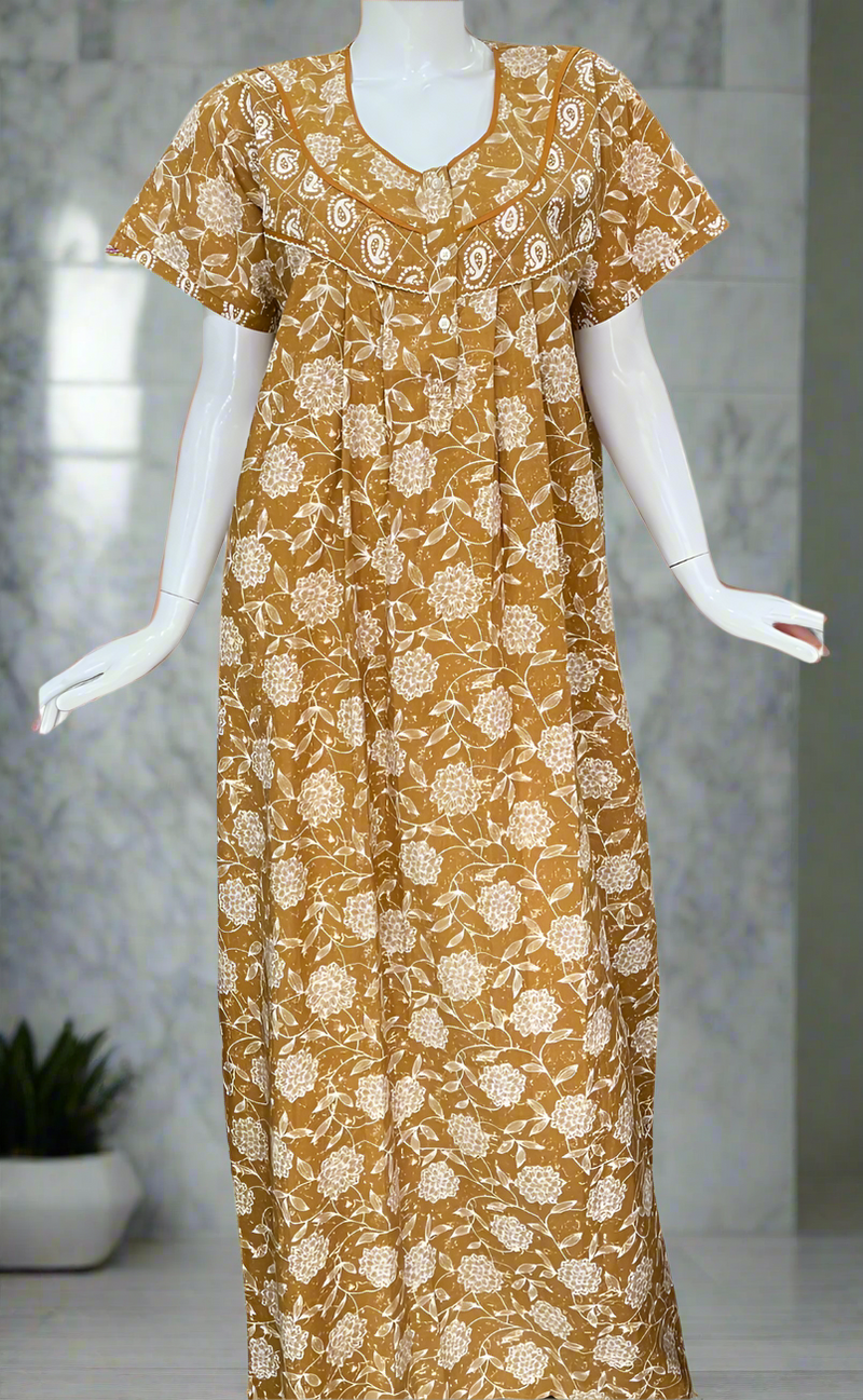 Mustard Floral Pure Cotton Nighty. Pure Durable Cotton | Laces and Frills