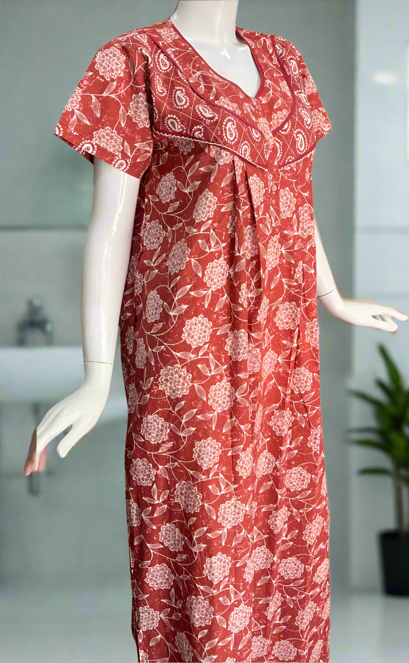 Rust Maroon Floral Pure Cotton Nighty. Pure Durable Cotton | Laces and Frills