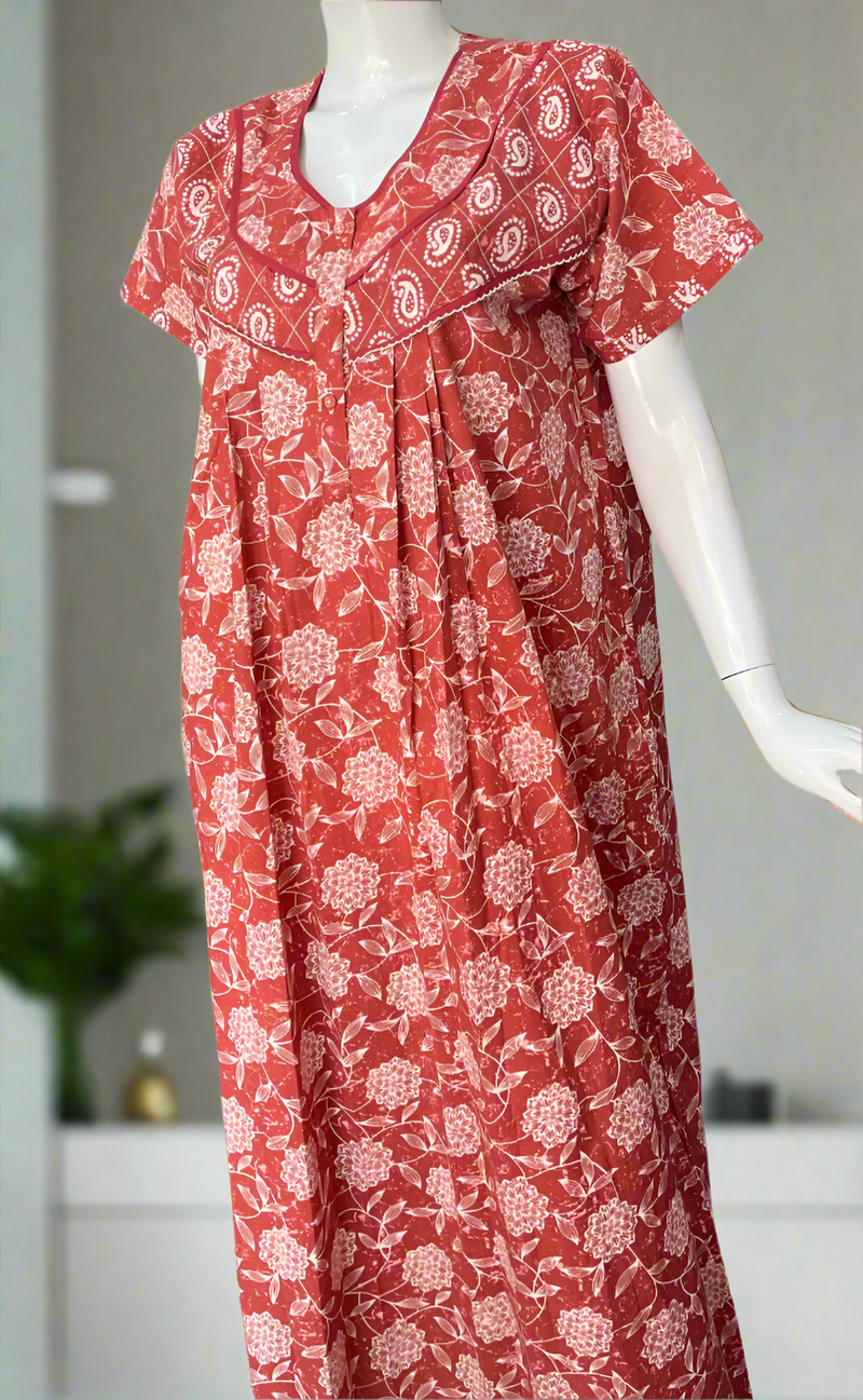 Rust Maroon Floral Pure Cotton Nighty. Pure Durable Cotton | Laces and Frills