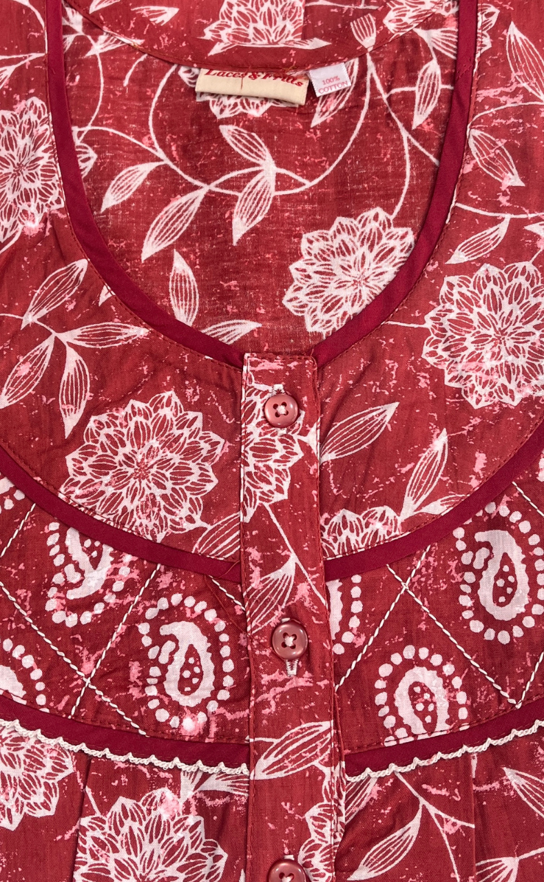 Rust Maroon Floral Pure Cotton Nighty. Pure Durable Cotton | Laces and Frills