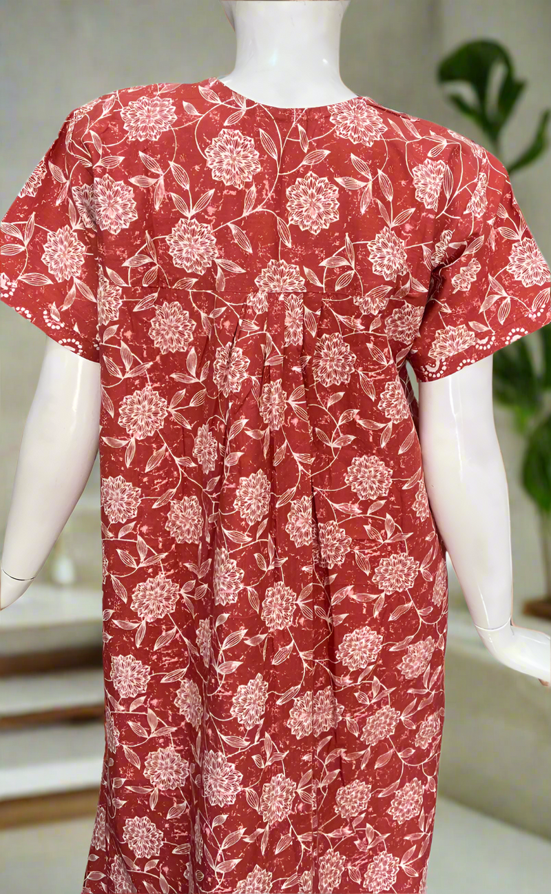 Rust Maroon Floral Pure Cotton Nighty. Pure Durable Cotton | Laces and Frills