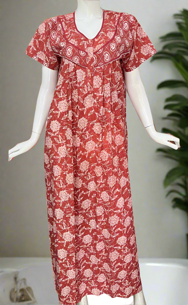 Rust Maroon Floral Pure Cotton Nighty. Pure Durable Cotton | Laces and Frills