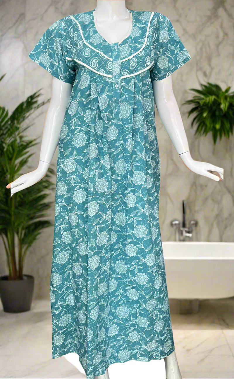 Light Blue Floral Pure Cotton Nighty. Pure Durable Cotton | Laces and Frills