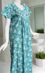 Light Blue Floral Pure Cotton Nighty. Pure Durable Cotton | Laces and Frills