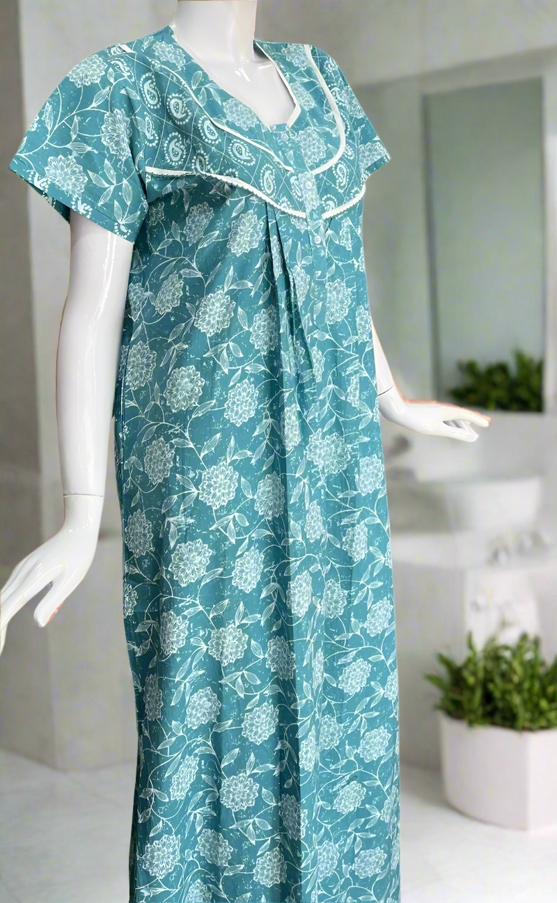 Light Blue Floral Pure Cotton Nighty. Pure Durable Cotton | Laces and Frills