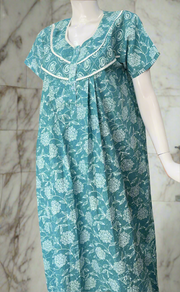 Light Blue Floral Pure Cotton Nighty. Pure Durable Cotton | Laces and Frills