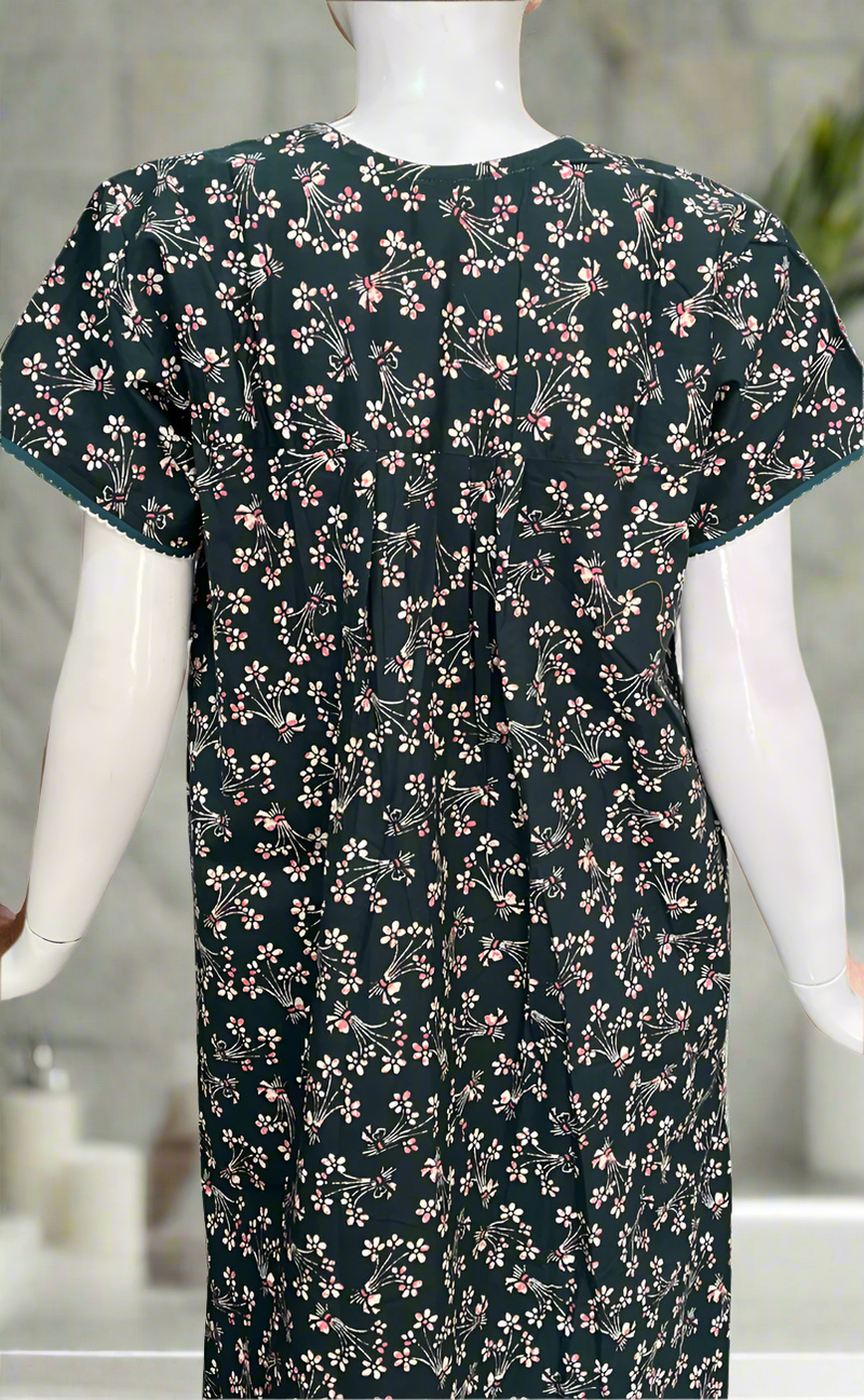 Bottle Green Tiny Floral Pure Cotton Nighty. Pure Durable Cotton | Laces and Frills