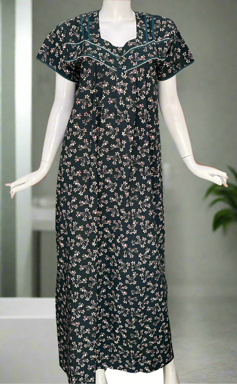 Bottle Green Tiny Floral Pure Cotton Nighty. Pure Durable Cotton | Laces and Frills