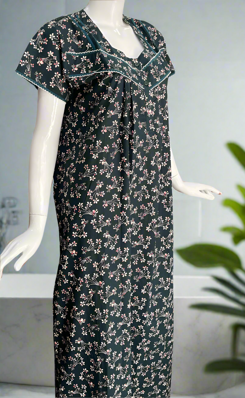 Bottle Green Tiny Floral Pure Cotton Nighty. Pure Durable Cotton | Laces and Frills