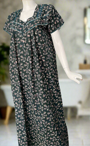 Bottle Green Tiny Floral Pure Cotton Nighty. Pure Durable Cotton | Laces and Frills
