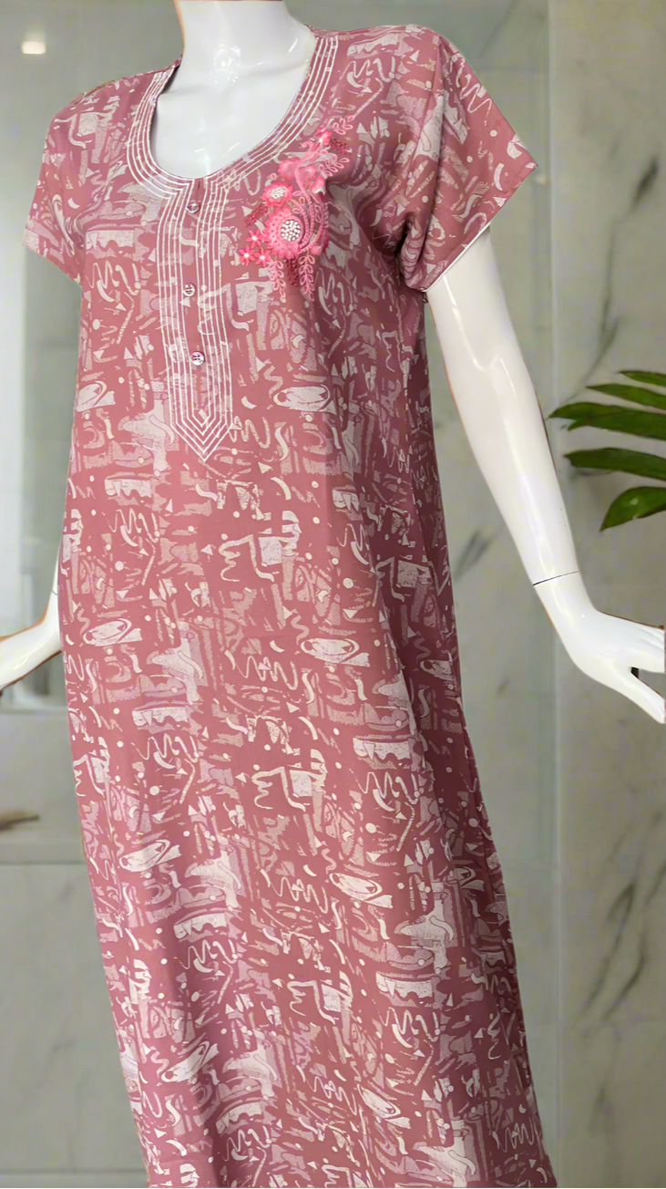 Pink Embroidery Spun Nighty. Flowy Spun Fabric | Laces and Frills