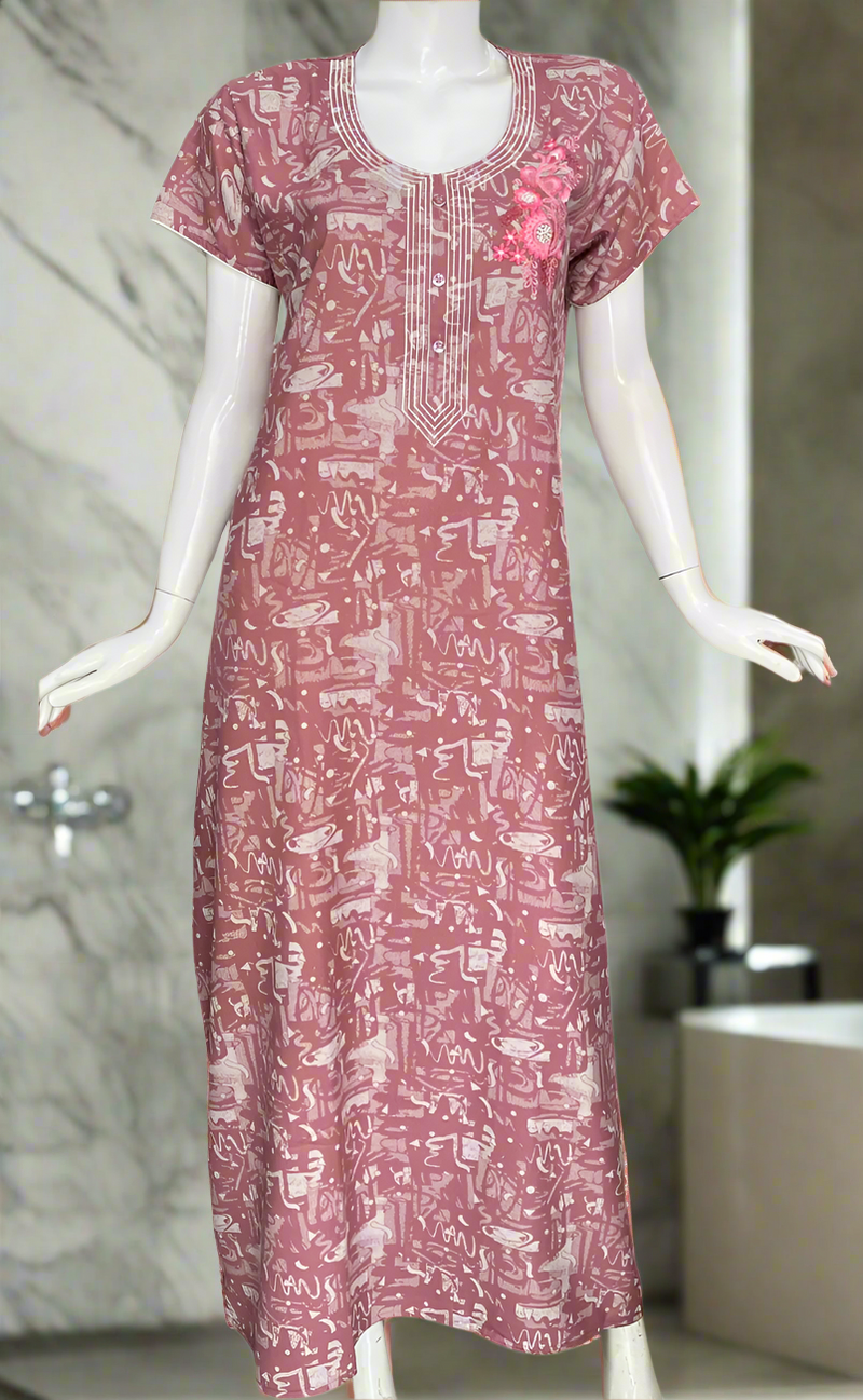 Pink Embroidery Spun Nighty. Flowy Spun Fabric | Laces and Frills