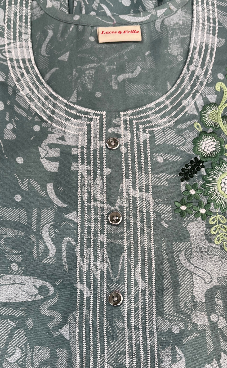 Pista Green Embroidery Spun Nighty. Flowy Spun Fabric | Laces and Frills