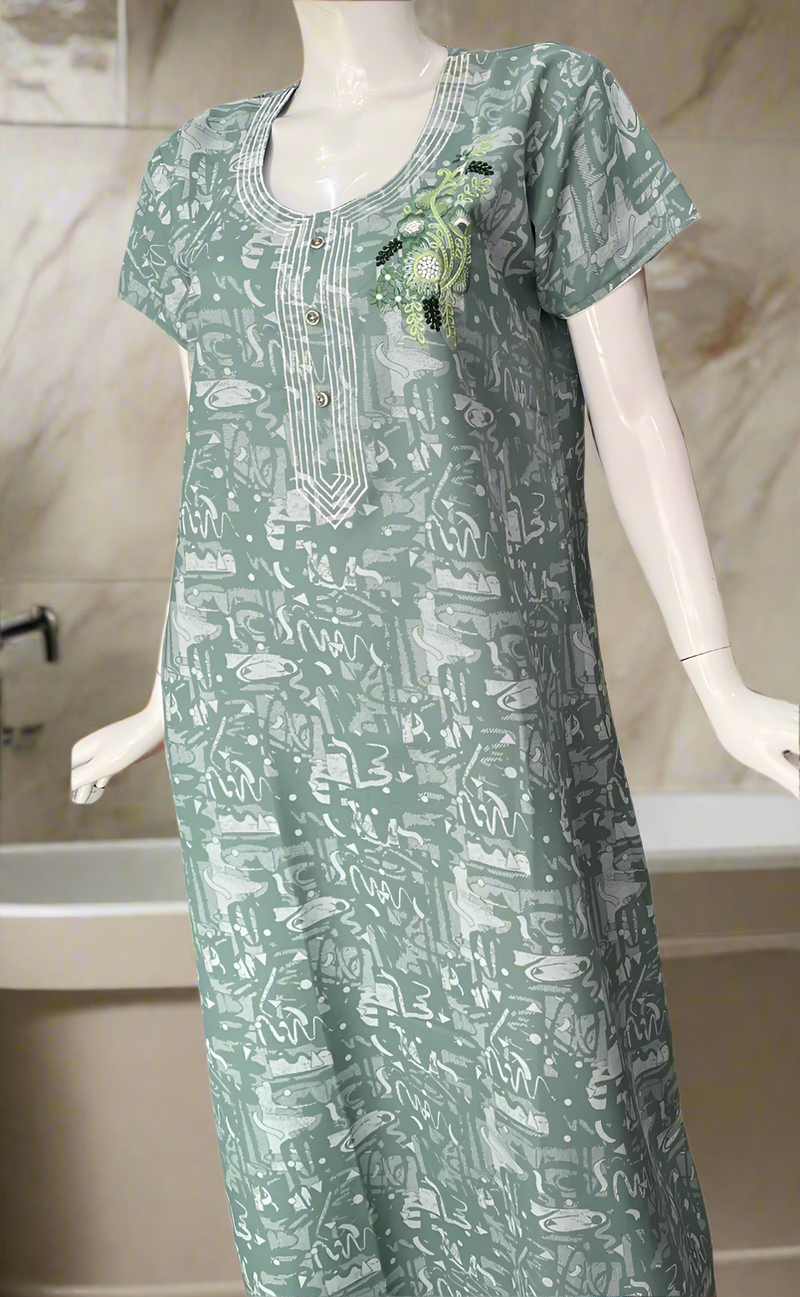 Pista Green Embroidery Spun Nighty. Flowy Spun Fabric | Laces and Frills